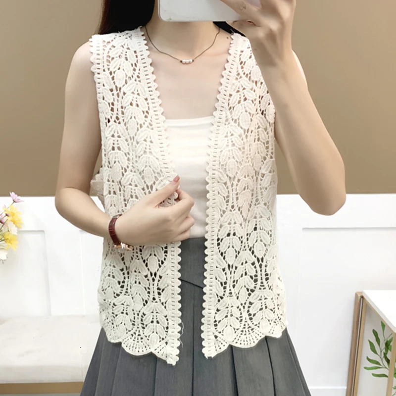 Boho Crochet Knit Vest for Women Cover Up Floral Embroidery Sleeveless Open Front Cardigan Tops Summer Vacation Outfit 250506