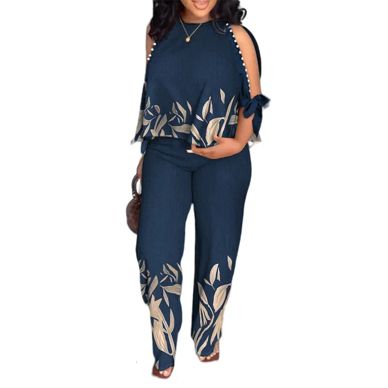 Plus size twopiece womens summer fashion plant print split sleeve Oneck straight leg pants set streetwear 250427