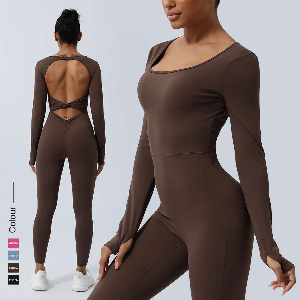 Women Fiess Jumpsuit Backless Long Sleeve Tights Yoga Running Training With Padded Sport Set