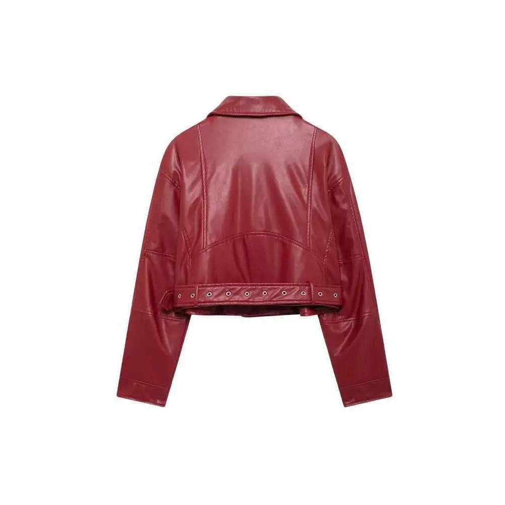 TRZA-Faux Leather Moto & Biker Jacket for Women, Long Sleeve Coat, Front Zipper, Female Outerwear, Chic Tops, Fashion