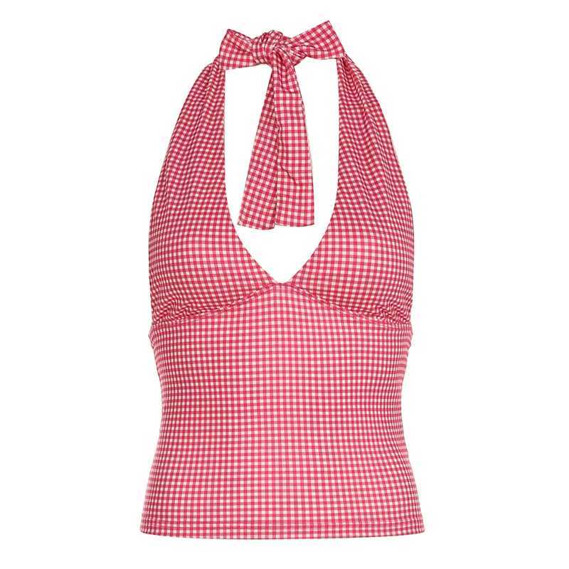 Fashion Y2k Sweet Halter Women Tanks Skinny Sleeveless Print Hotsweet V-Neck Backless Blouses M250513