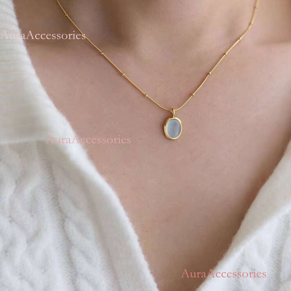Oval Sky Blue Opal Titanium Steel Necklace Clear Stone Gold Plated Necklaces Women French Vintage Jewelry