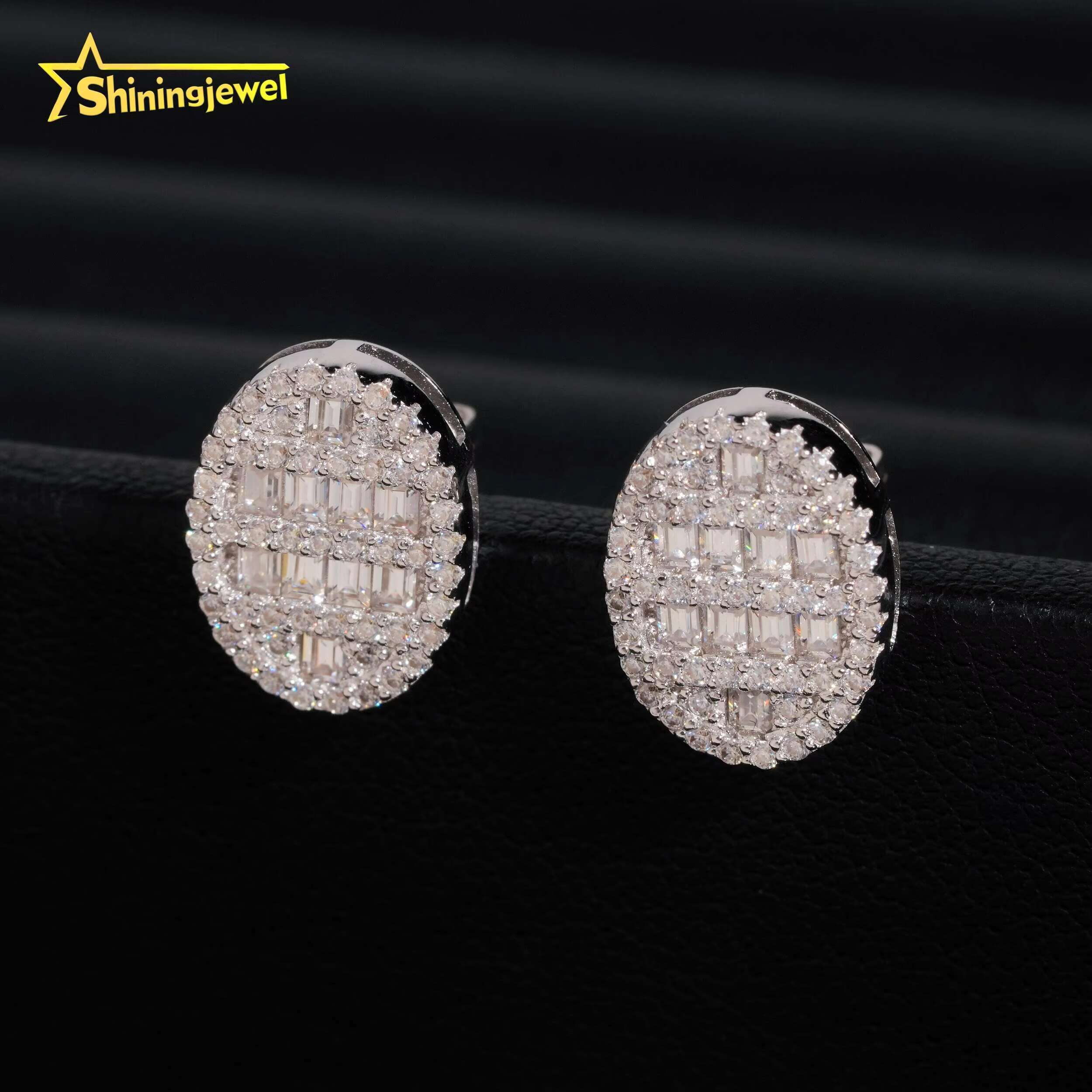 Baguette Cut Iced Out Moissanite Earrings 925 Sterling Silver Hip Hop Ear Rings with Diamonds for Men Women Oval Stud Earrings