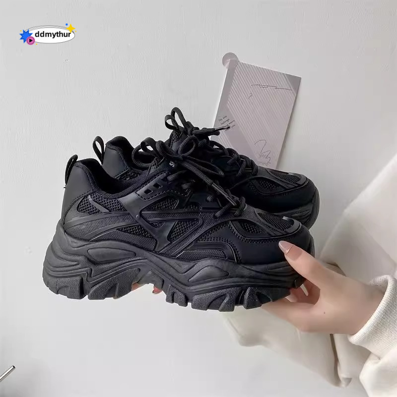 Dad's shoes, women's 2025 new style, spring and autumn breathable height increasing black, eye-catching feet, small stature, versatile, spon