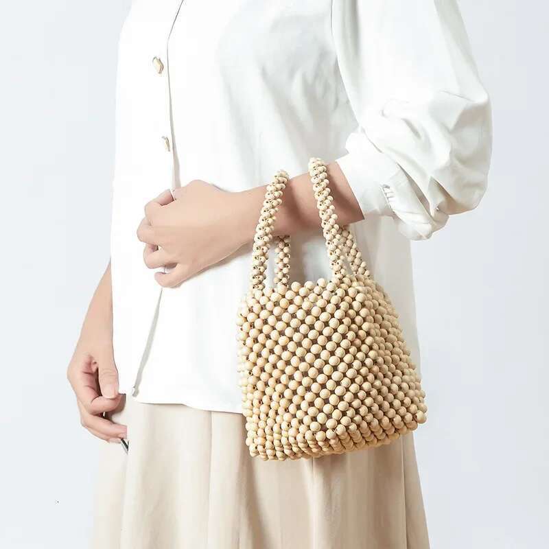 Designer Bag 2025 Vintage Women Japanese Fashion Wood Beads Bucket Tote Beige Wooden Beaded Ladies Designer Handbag Luxury Bag