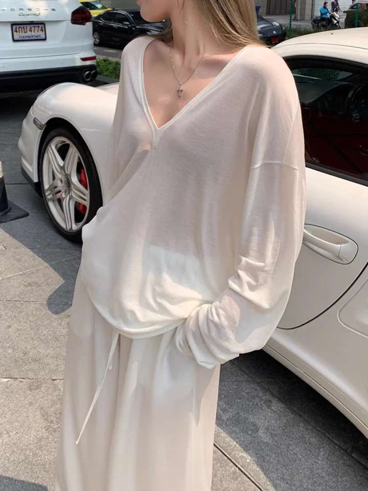 Women Oversized T Shirt Spring Summer Vneck Casual Fashion Loose Thin Long Sleeve Top Pullovers Chic White See Through Tshirt 250513