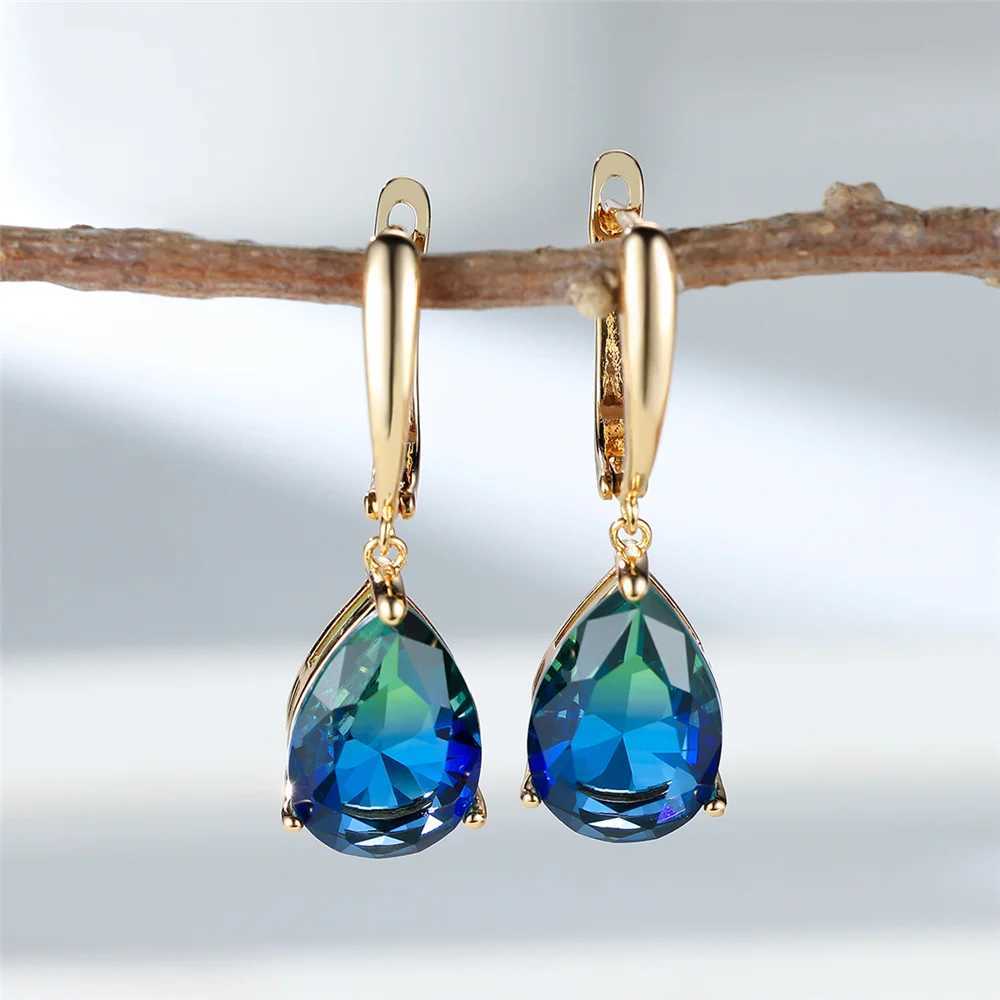 Trendy Crystal Blue Green Rainbow Zircon Stone Hoop Earrings For Women Vintage Gold Color Wedding Jewelry Y250510