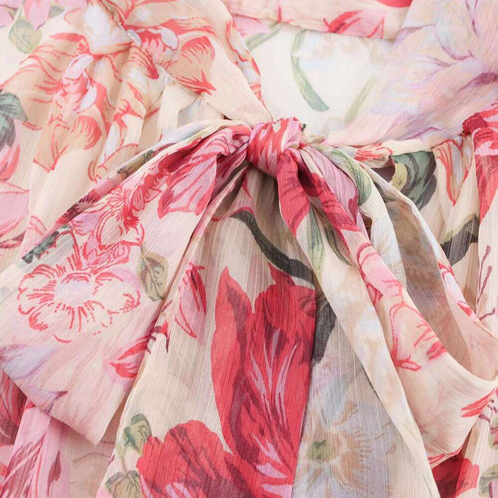 DEEABAE New French Platycodon Tea Break Floral Bow Tie To Reduce Age And Sweeess With Belt Flower Print Midi Dress