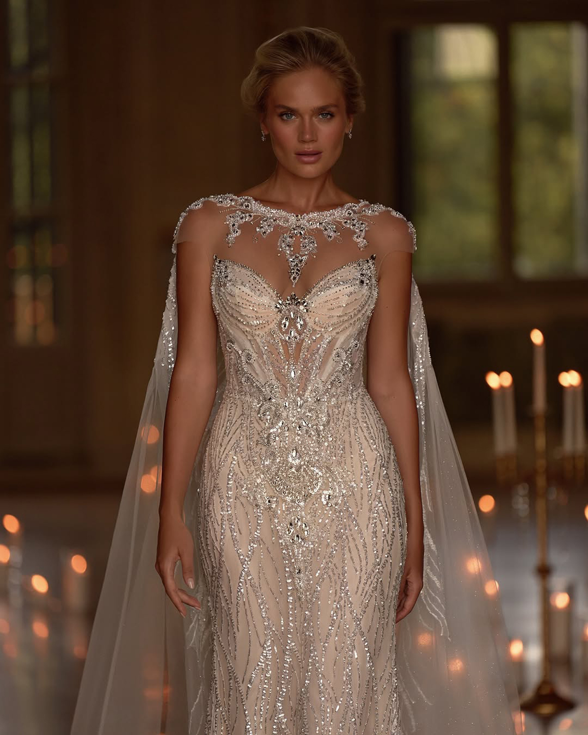 Fancy Wedding Dress Crystal Lace Mermaid Bridal Gowns with Cape Sequins Pearls Beading Illusion Bride Dresses Customized Vestido de novia