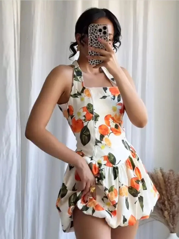 Women Printing Halter Dress Elegant Backless Sleeveless High Waist Slim Fit Mini Dresses Lady Summer Party Evening Vestidos 250513