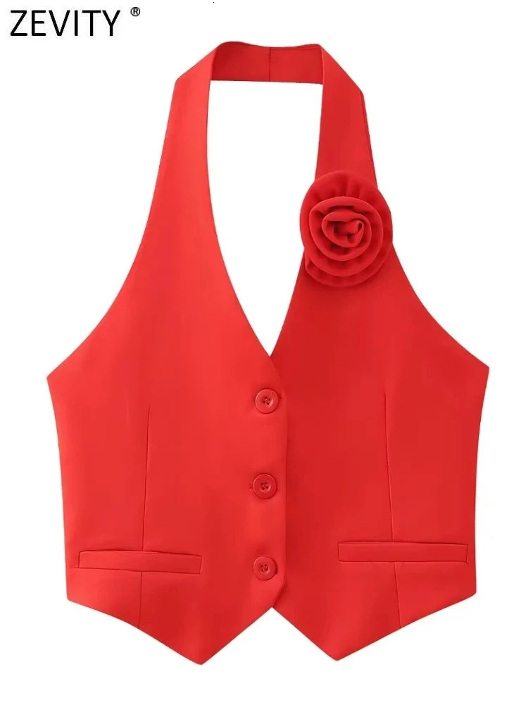 Zevity Women Fashion Single Breasted Flower n White Halter Vest Jacket Office Ladies Sleeveless Crop WaistCoat Tops CT4438 250506