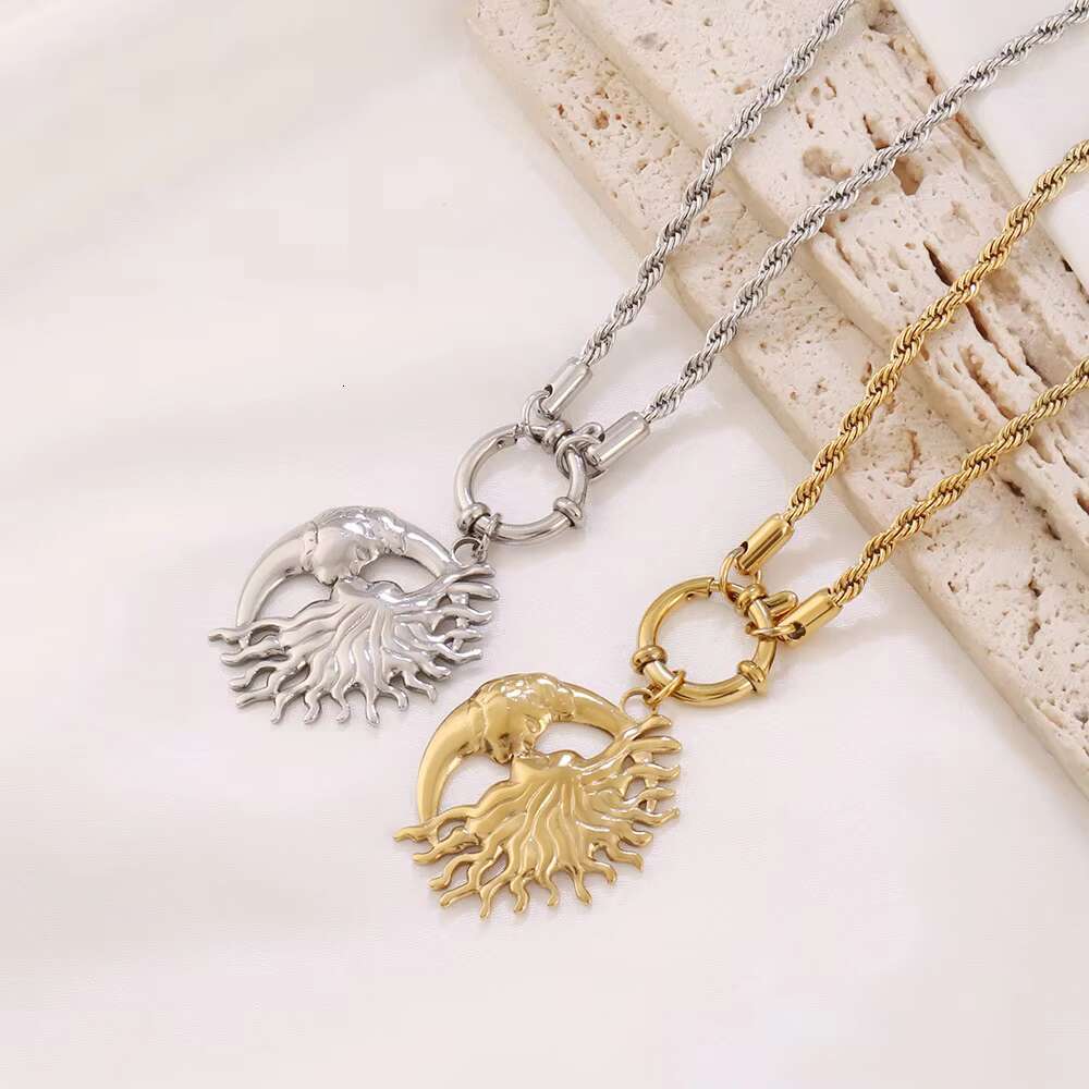 Women's Necklace Gold Plated Stainless Steel Moon Sun Pendant Fashion Chain with Flower Pattern Accessories