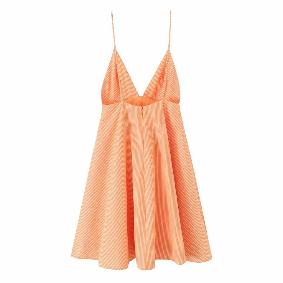 DUOPERI Women Summer Orange Striped Backless Zipper Mini Dress Thin Straps VNeck Female Chic Lady Dresses For 250513