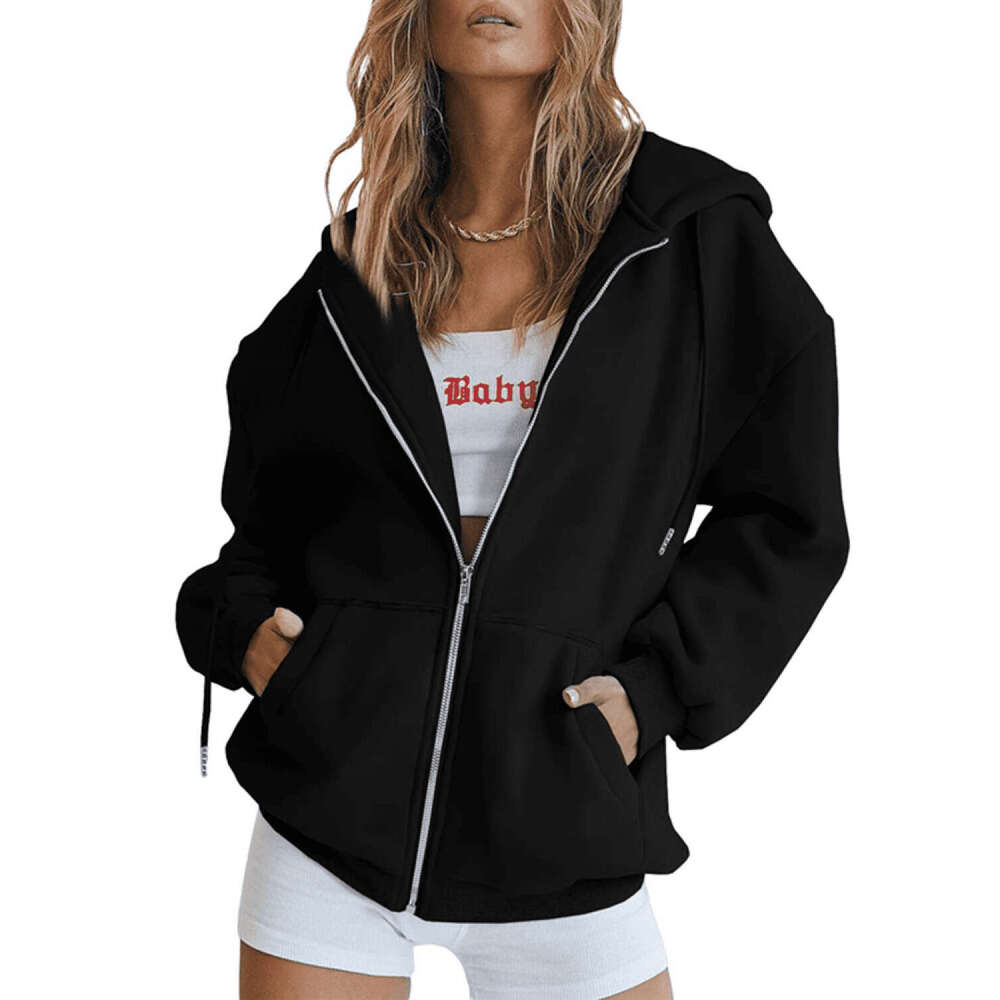 Oversize zipper solid color trendy brand loose plus size women's cardigan hoodie