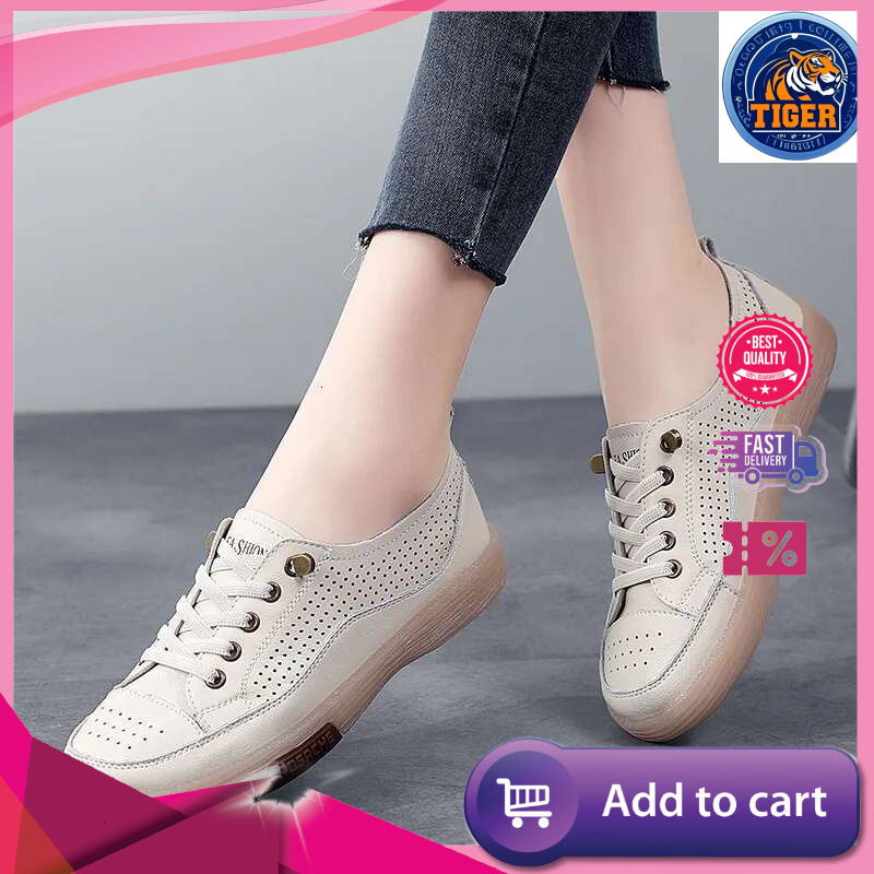 Ddmytiger Women Flat Summer Breathable Cutout Casual Ladies Soft Bottom Genuine Leather Flats White Shoes Woman Outdoor Shoes
