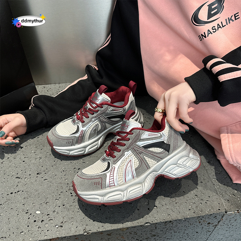 2025 New Genuine Leather Dad Thick Bottom with Increased Inner Height, Soft Bottom, Breathable Casual Sports for Women, Korean Edition, Student Shoes 