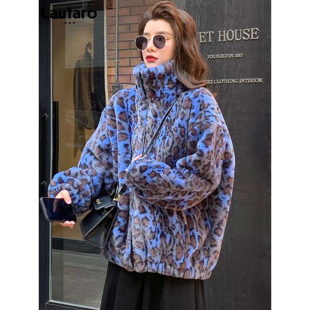 Lautaro Winter Oversized Colorful Leopard Print Faux Fur Coat Women Long Sleeve Zip Up Warm Soft Fluffy Jacket Korean Fashion Designer Designer
