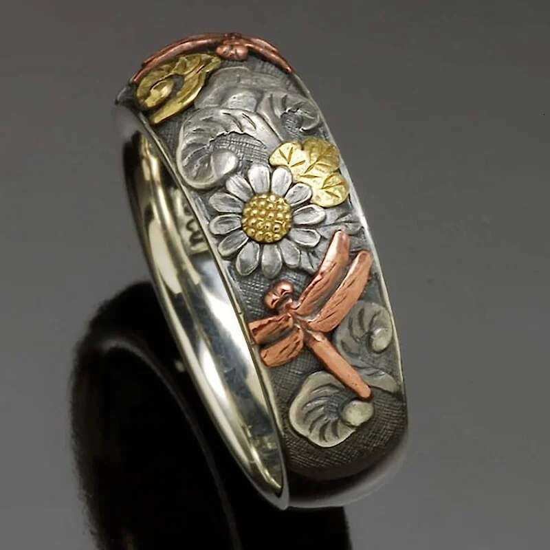 Vintage Sier And Rose Gold Color Carved Dragoy Suower Unique Metal Flower Rings Women Engagement Party Ring Jewelry