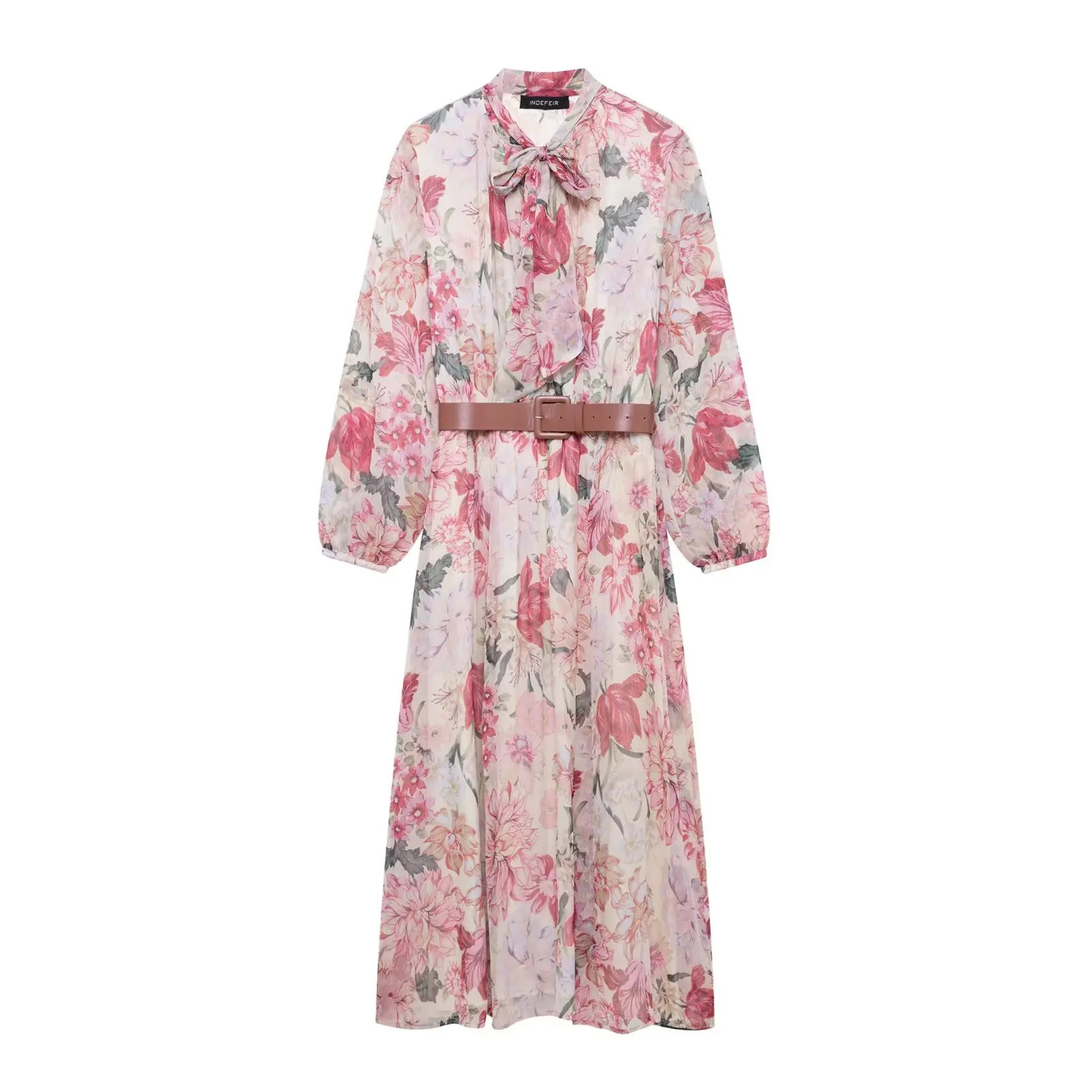 Zevity Women Elegant Bow Tied Collar Floral Print Belt Midi Dress Female Chic Long Sleeve Chiffon Dresses DS9124 250513