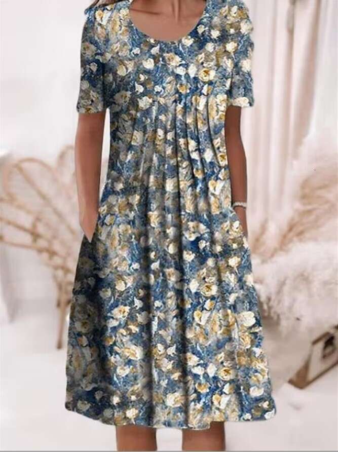 Women Clothes Dress Spring Summer Flower Printed Round Neck Pocket Mid Length Dress For Women KQ