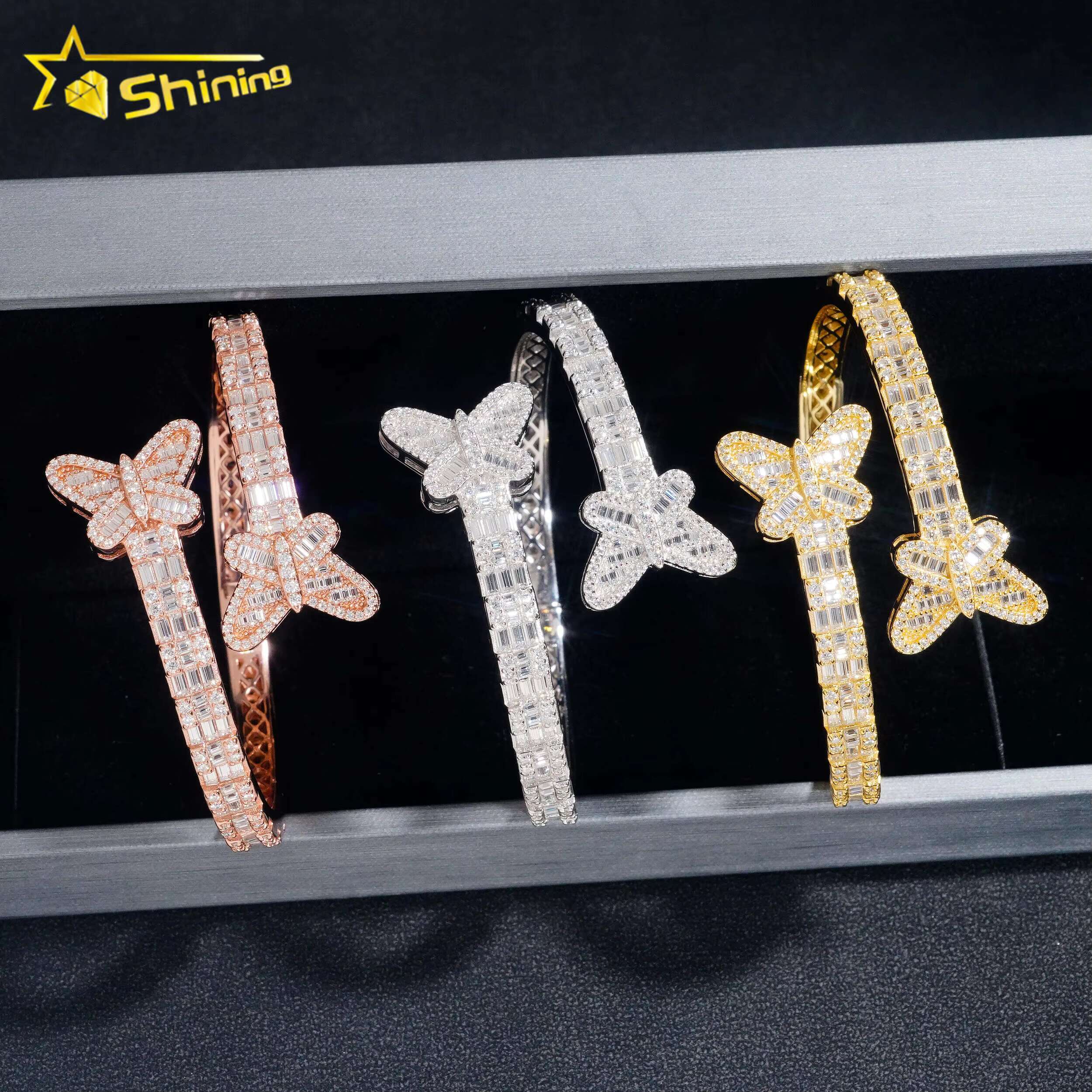 Fine Jewelry Set 925 Sterling Silver Butterfly Style Moissanite Diamond Bracelet and Ring GRA Certificate