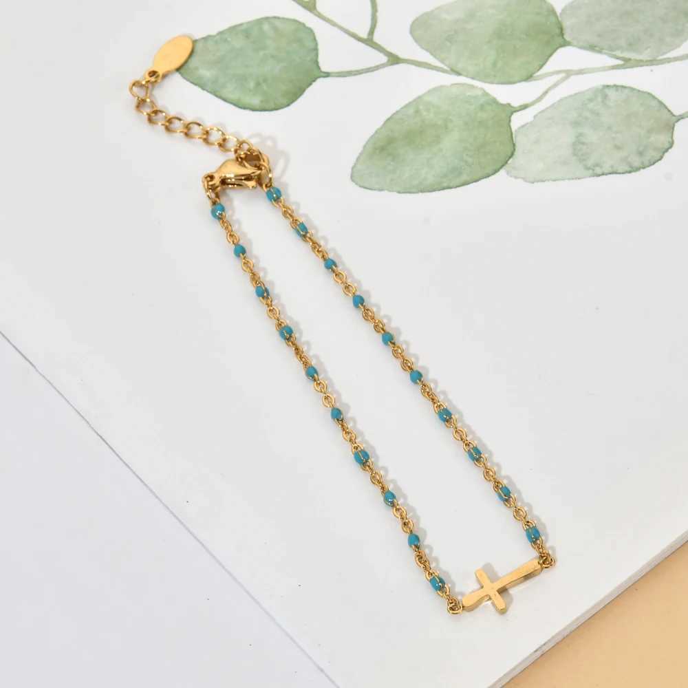 3M Girls Boho Thin Chain Stainless Steel Bracelets For Women Gold Color Peach Pink Cross Charm Beautiful Gift XJ250707