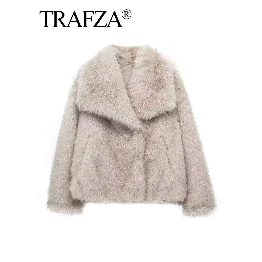 TRAFZA Women Fashion Faux Fur Jacket Vintage Turn-Down Collar Long Sleeve Coat Autumn Winter Woman Elegant Streetwear Designer Designer