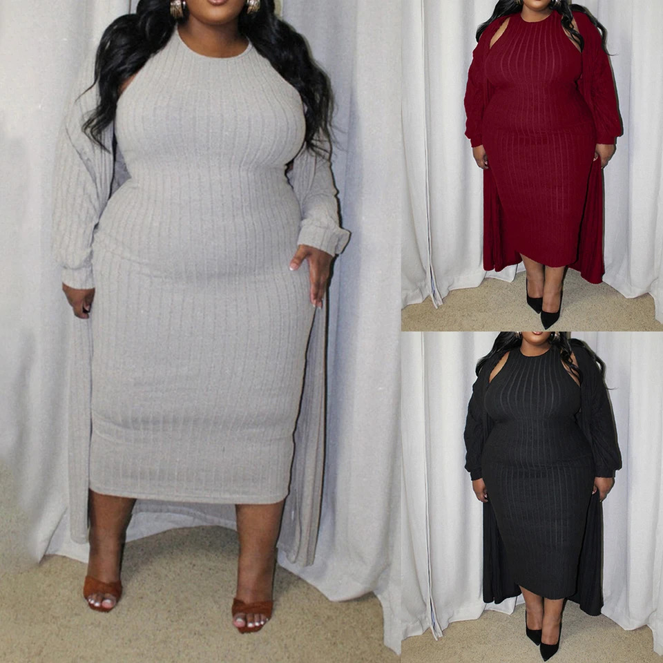 Womens long sleeved cardigan vest dress autumn and winter plus ultrathin womens tight fitting 2piece set 3XL 4XL 5XL 250506