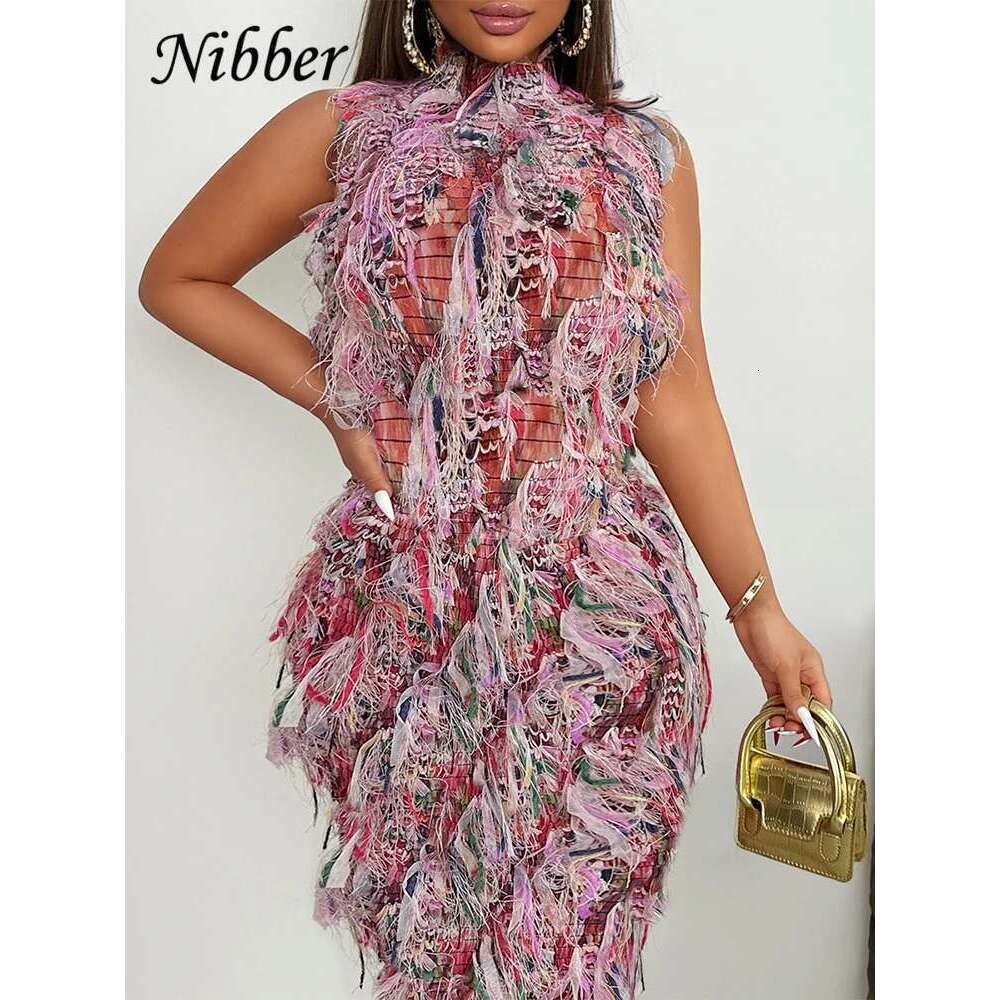 Nibber Colorful Tassel Dress Women Autumn Turtleneck Sleeveless High Waisted Elastic Trend Street Night Club Pretty Long Bodycon