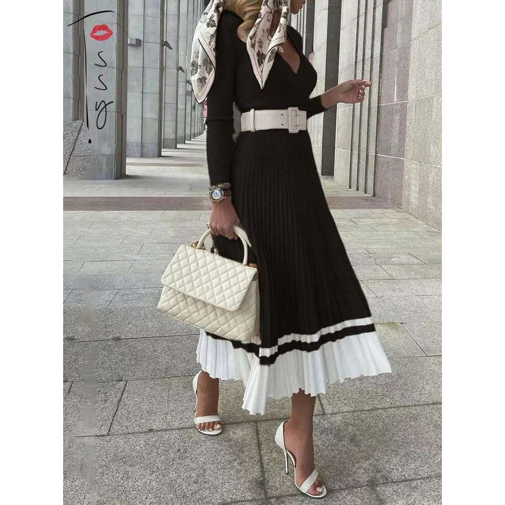 Tossy Women Ribbed V-neck Fold Knitted Max Dress Ladies Skinny Sexy A-line Dresses Two Color Patchwork Elegant Chic Vestidos
