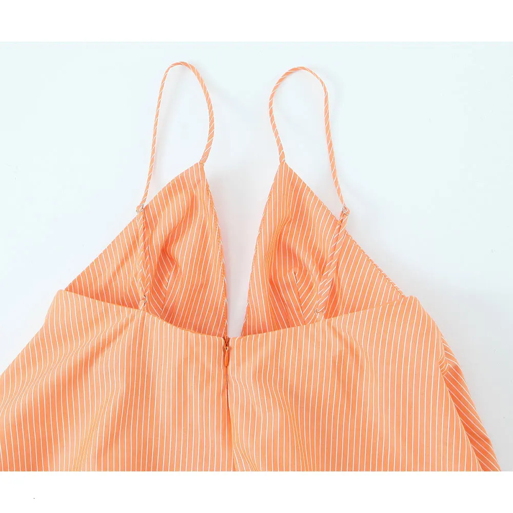 DUOPERI Women Summer Orange Striped Backless Zipper Mini Dress Thin Straps VNeck Female Chic Lady Dresses For 250513