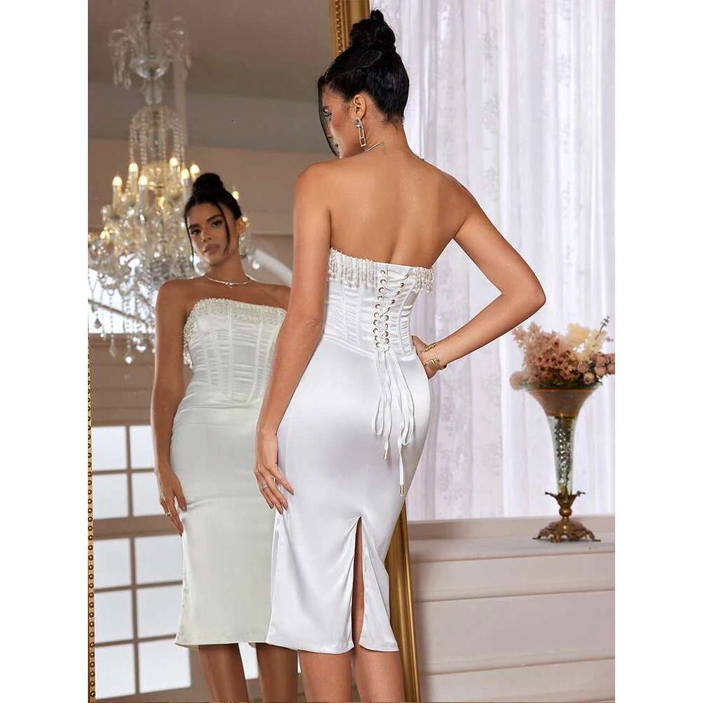 Suninheart White Beading Satin Women Elegant Bodycon Party Dresses Sexy Long Tight Fitting Evening Dress