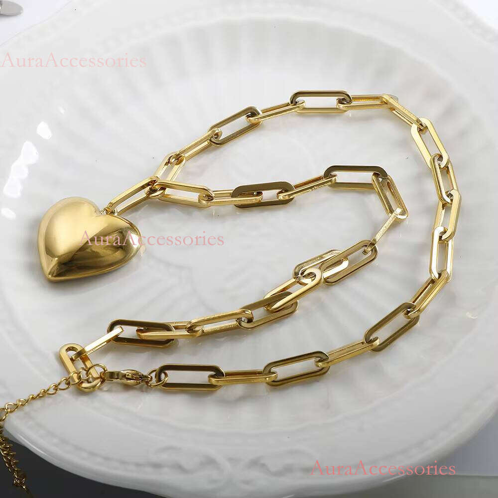 Jewelry Gold Plated Smooth Love Charm Stainless Steel Chunky Heart Pendant Necklace