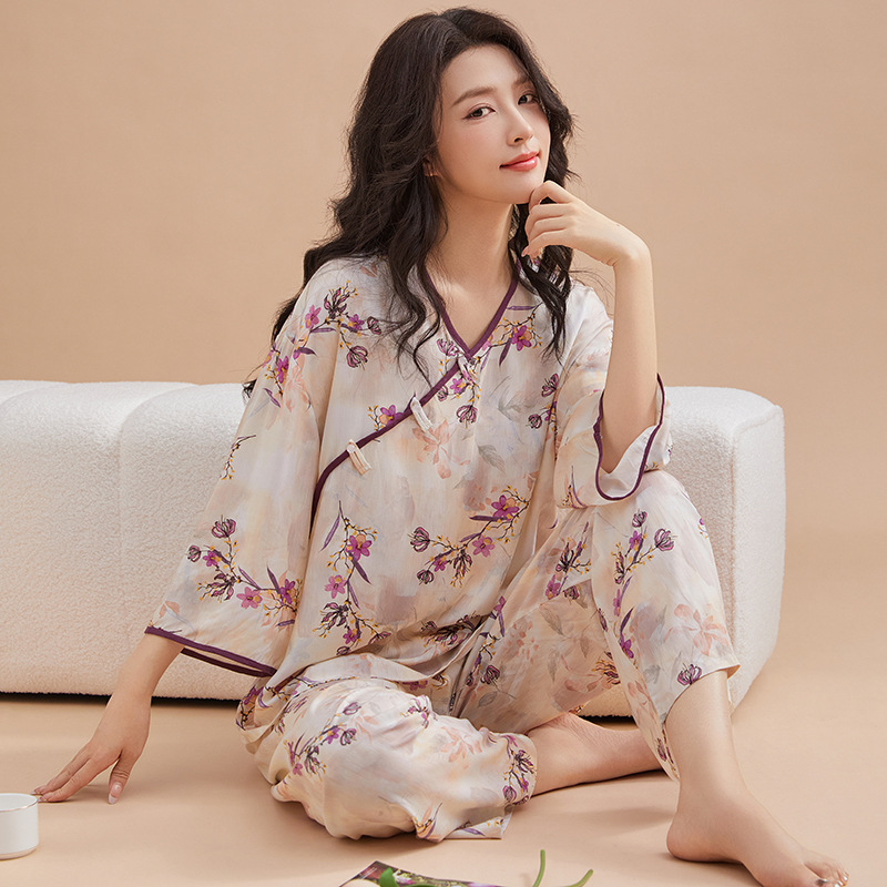 B879-Pajamas for women, spring, summer and autumn, new cotton silk buttoned three-quarter sleeve trousers, sweet American style home clothes suit