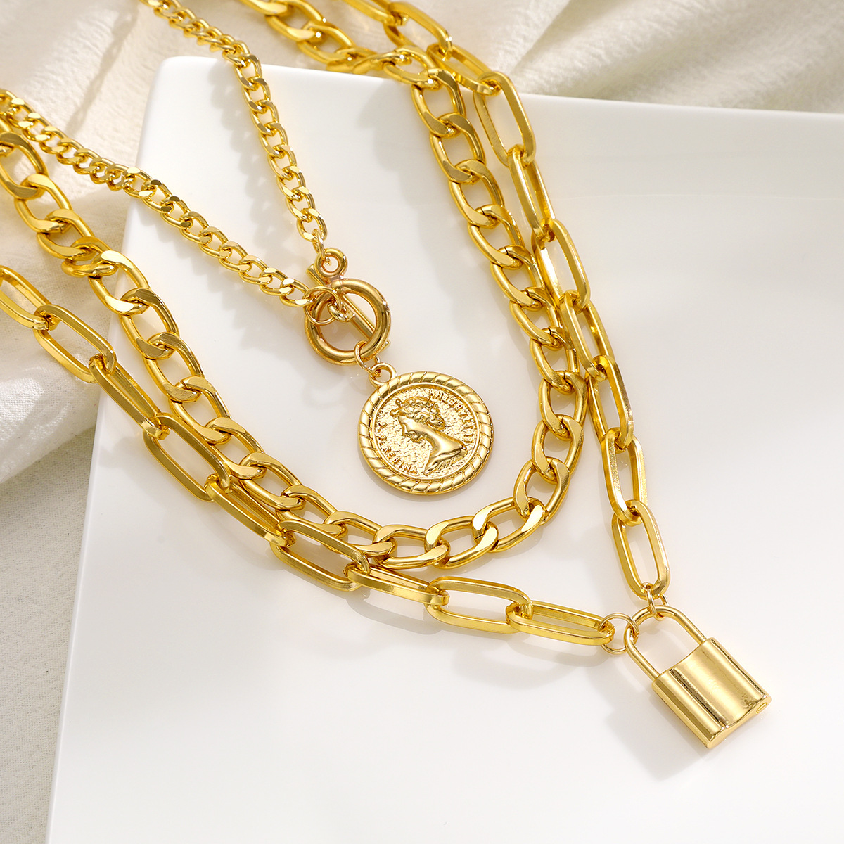 Trendy Multi-Layer Gold Necklace Set with Coin Pendant and Lock Charm, Fashionable Choker for Women
