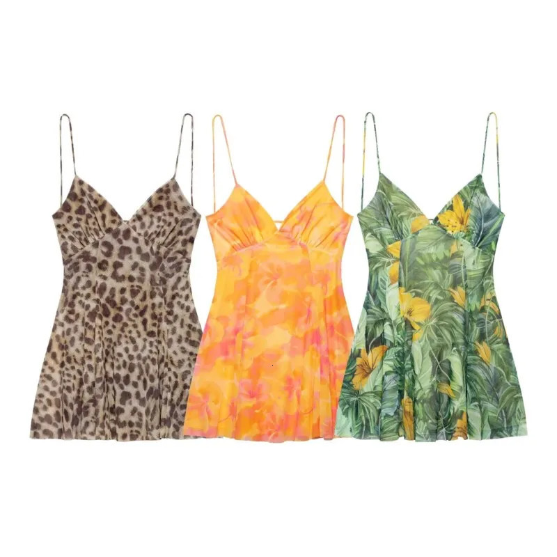 HipSeam Women Print Short Dress Spring Casual Spaghetti Strap Womens Tulle Mini Pleated Backless Female Dresses 250513