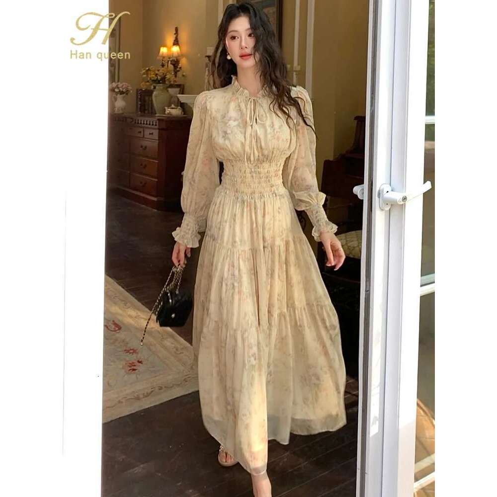 Long Sleeve Casual Beach Holiday Wrap Waist Spring Summer Women's Bohemian Chiffon Printed Dress
