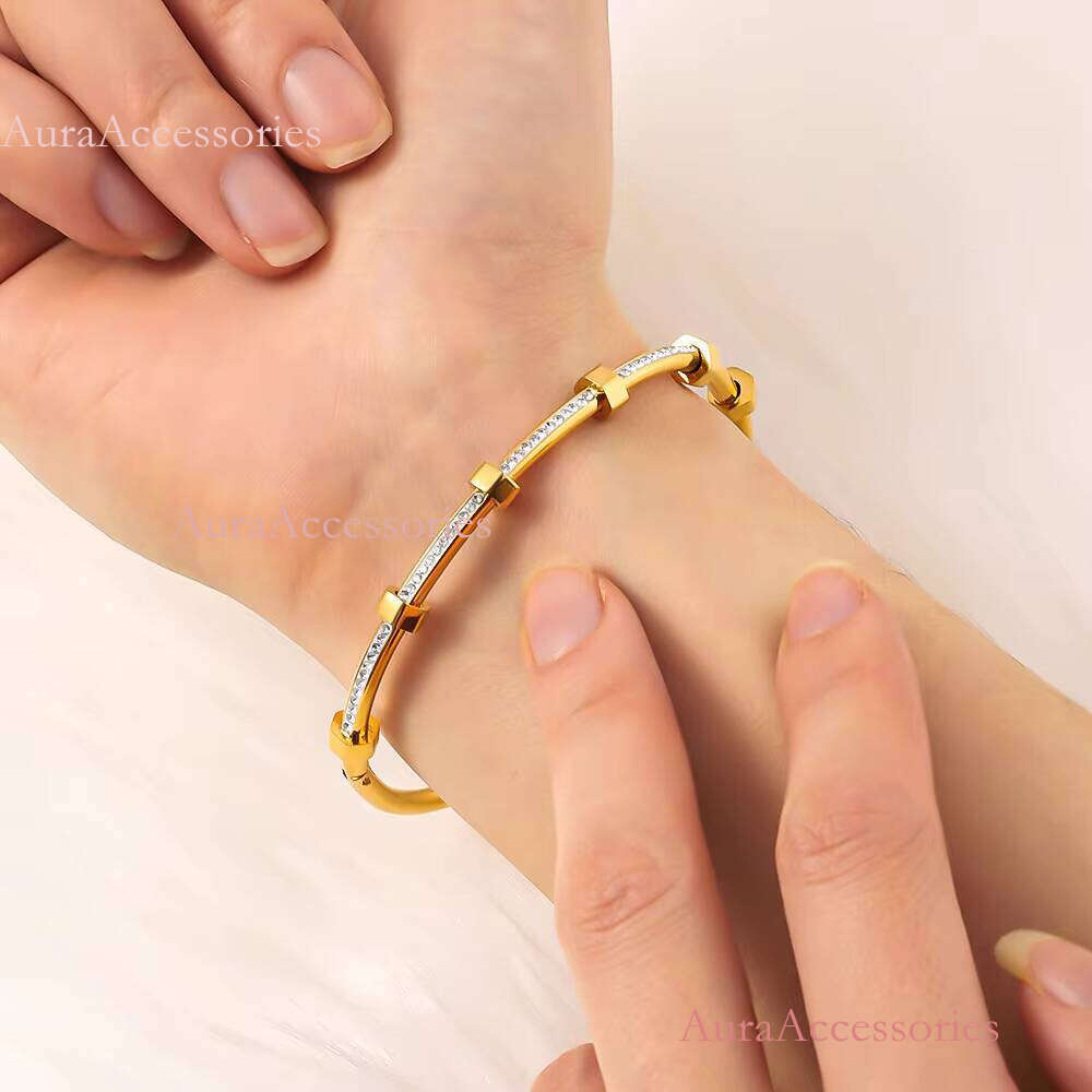 Geometric Crystal Double Layer Open Bracelet for Women Stainless Steel Cuff Bangles Fashion Party Jewelry Gift