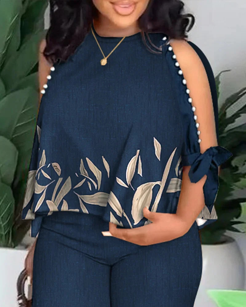 Plus size twopiece womens summer fashion plant print split sleeve Oneck straight leg pants set streetwear 250427