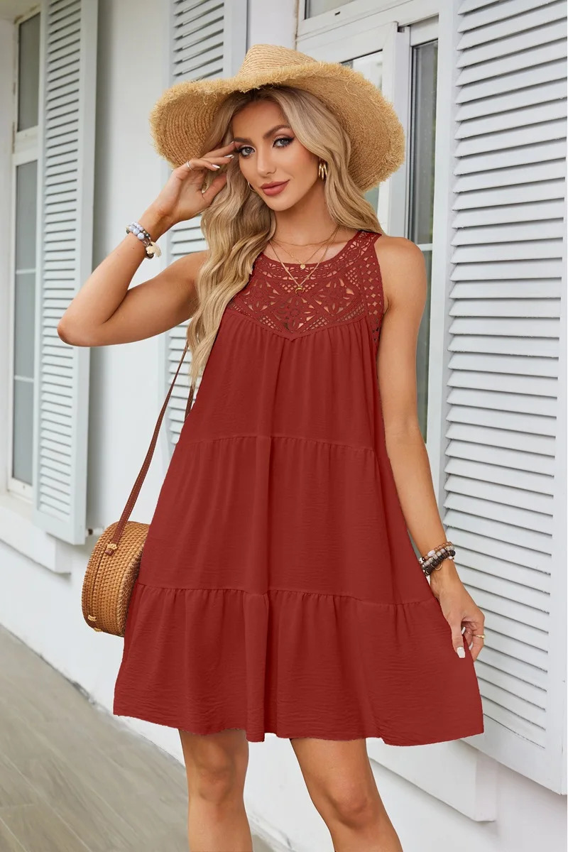 Beach mini dress with camisole sleeveless hollow out lace casual round neck elegant vacation style 250513