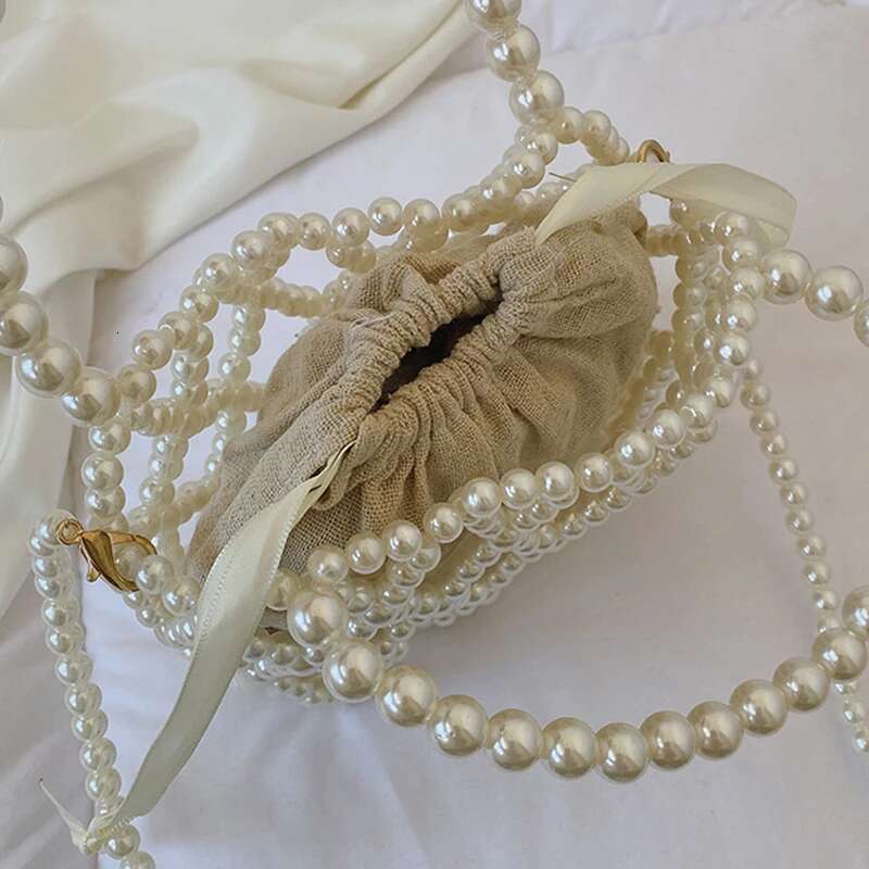 French Retro Handbag Fairy Popular Woven Beaded Bucket Crossbody Summer Niche Design Hollowed Out Pearl Women Bag