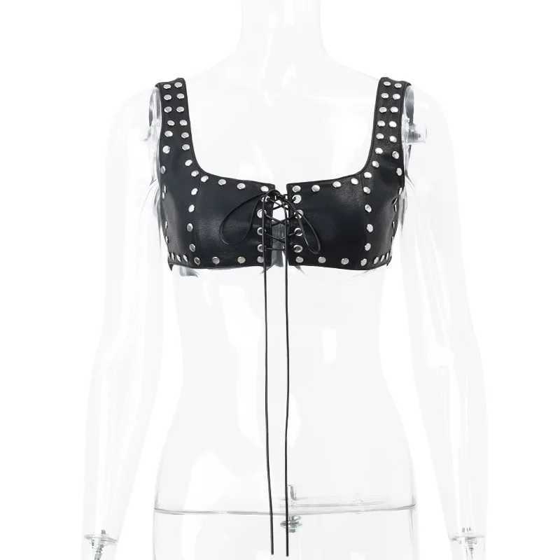 Cryptographic Fashion PU Leather Lace Up Sleeveless Crop Tops Rave Festival Punk Sexy Cropped Camis Top Tanks Streetwear Clothes M250513