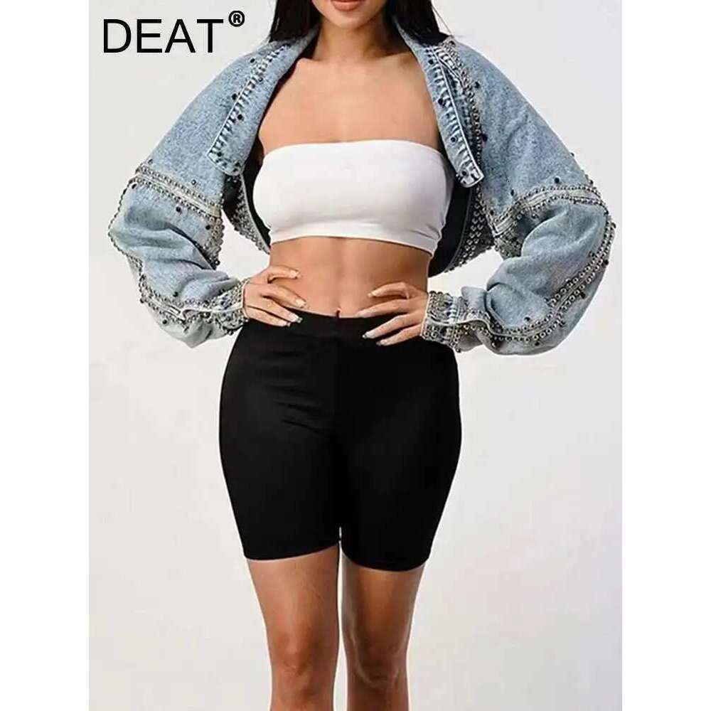 DEAT Casual Fashion Women's Denim Jackets New Solid Long Sleeve Turn-down Collar Patchwork Rivet Coat Female Summer 17A1756