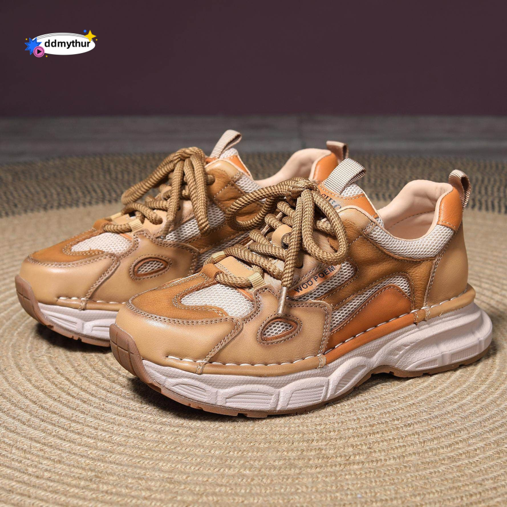 Real leather mesh dad for women in the spring of 2025, new thick soled color blocked height increasing sports style casual Forrest Gump shoes ddmythur