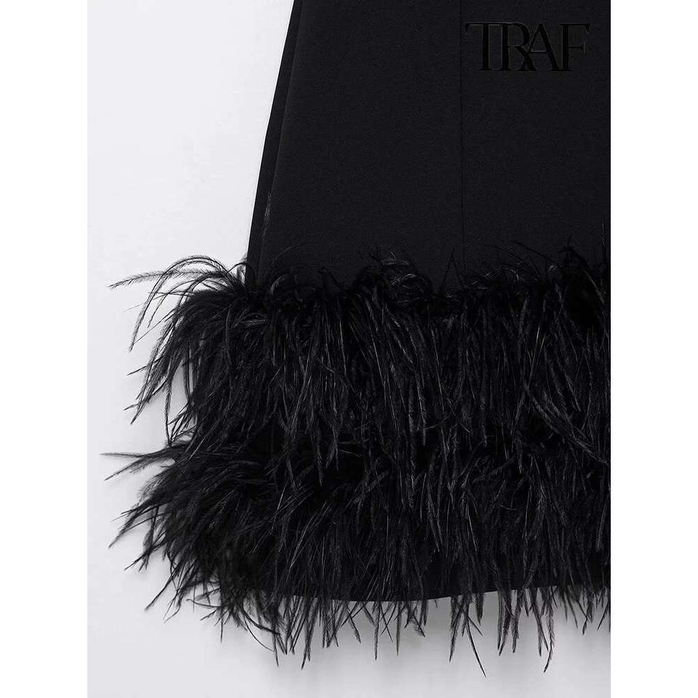 TRAF Fashion 2024 Elegant French Splicing Feather Mini Dress Women's Sleeveless Round Neck Party Dresses Evening Gowns
