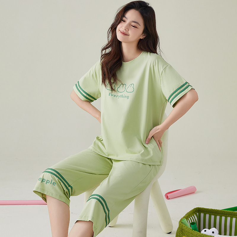 B875-Pure cotton pajamas women's summer new short-sleeved cropped pants suit casual fashion loose home clothes can be worn outside