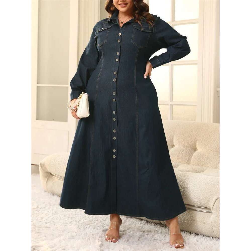 Wmstar Plus Size Dresses for Women Denim Button Solid Long Fashion Elegant Maxi Dress Fall Winter Clothes Wholesale Dropshipping