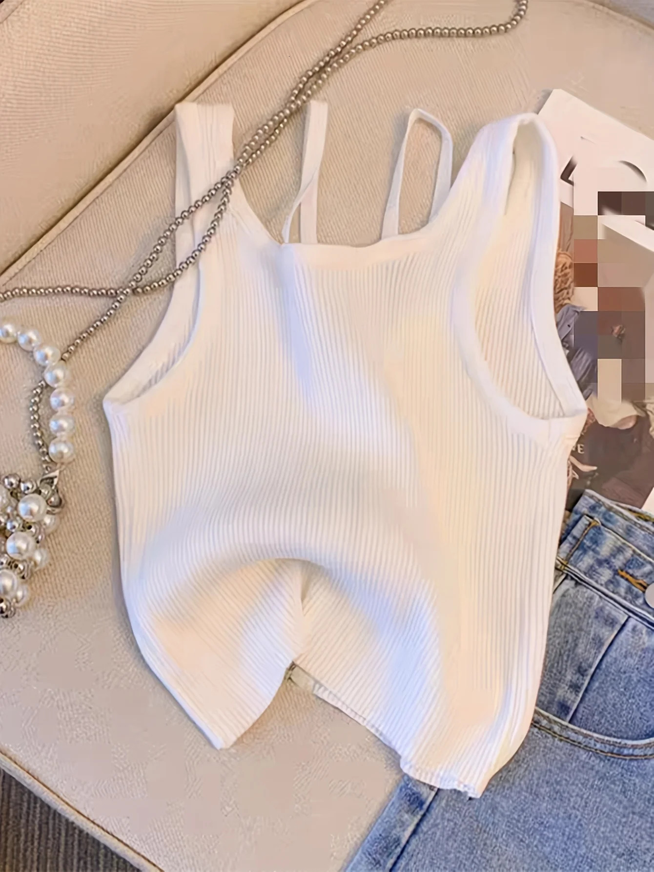 Elegant White Ribbed Knit Zip Vest Front Open VNeck Camis Womens Spring Summer Fashion Staple Crop Top womens clothing 250513