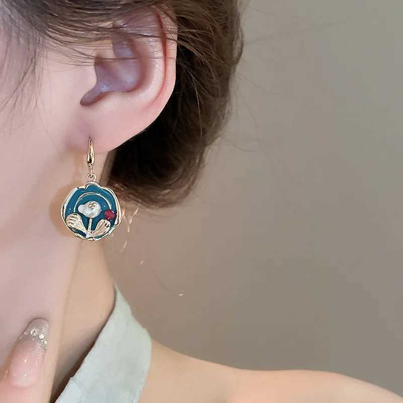 Vintage Oil Painting Style Flower Earrings Fashion Imitations Pearl Geometric Drop Earrings High-End Wedding Jewelry Accessories Y250510