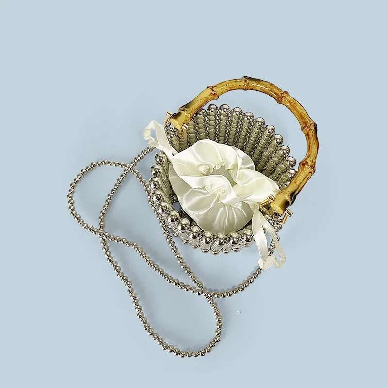 New Niche Design Drawstring Bucket Pearl Chain Hand-Held Bamboo Bag, Hand Woven Crossbody Bag